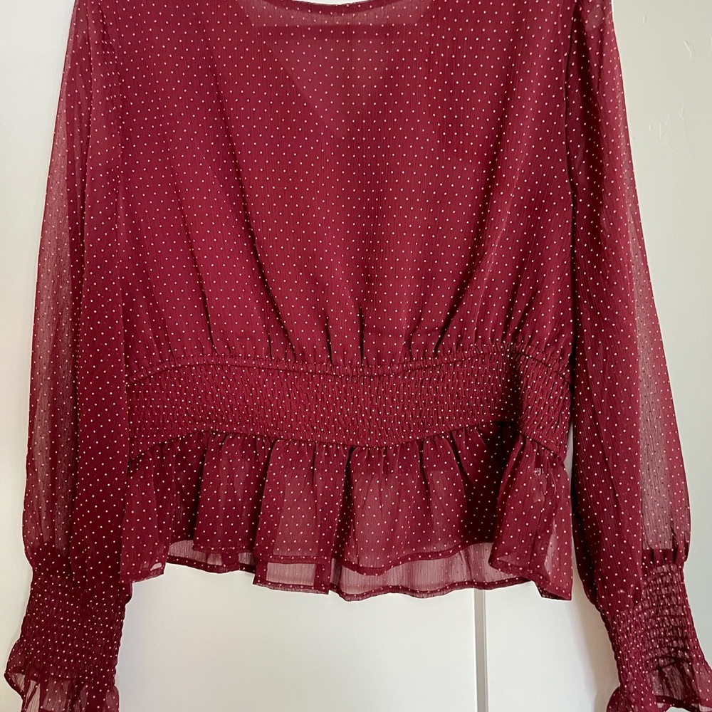 Women's Burgundy Sheer Top peplum waist